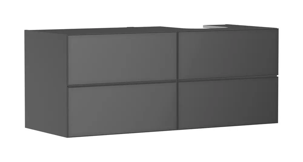 Grauer Waschbeckenunterschrank mit vier Schubkästen, geeignet für einen Aufsatzwaschtisch. Modell von Hansgrohe, konzipiert für die Montage rechts.